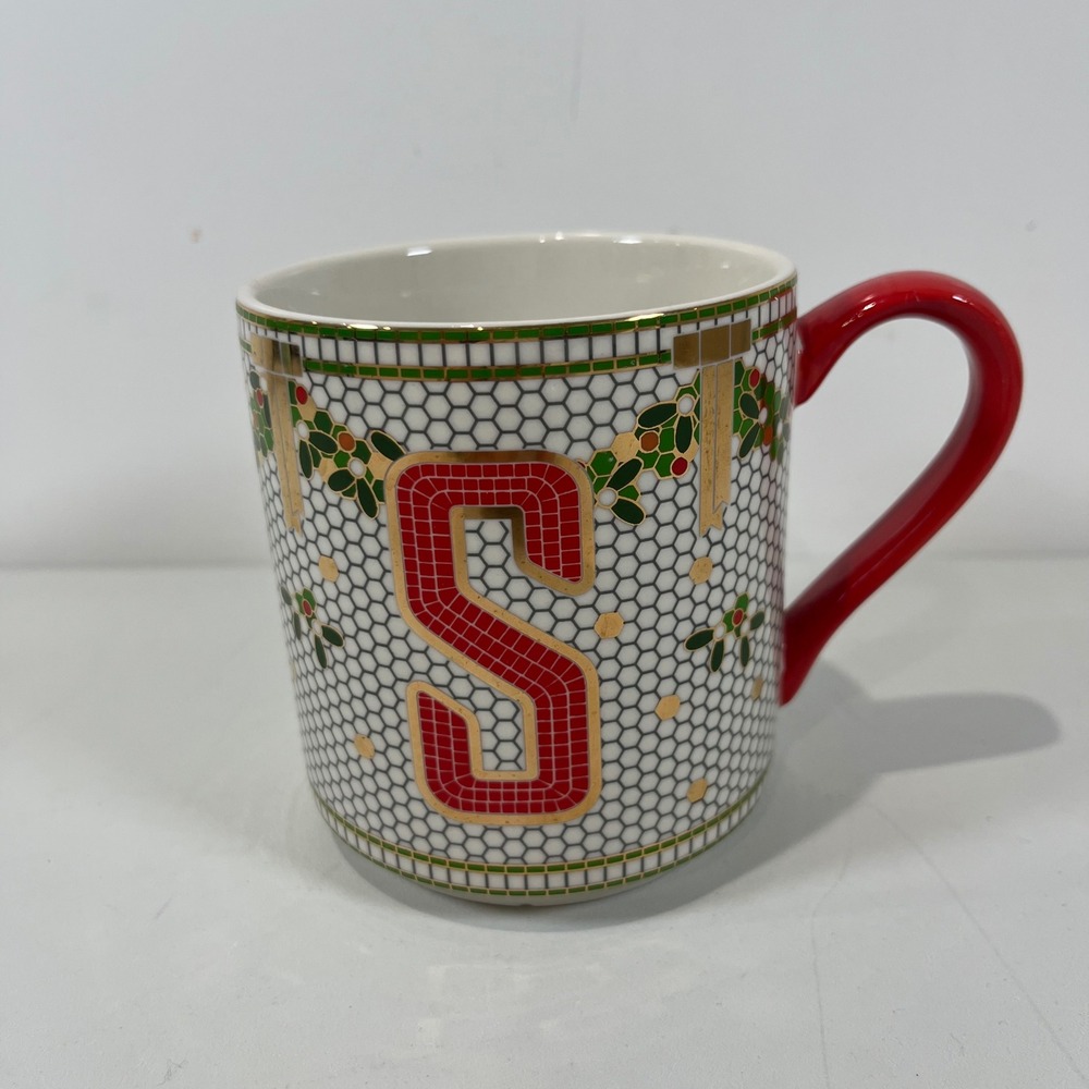 Anthropologie Holiday Monogram S Mug Coffee Bistro Mistletoe Festive Christmas